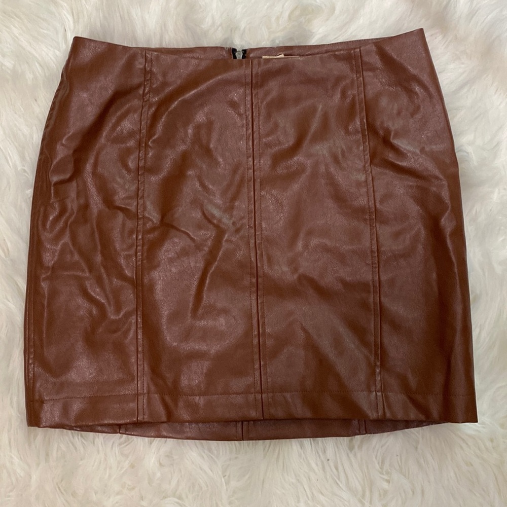 Medium Brown Faux Leather Zip Up Skirt